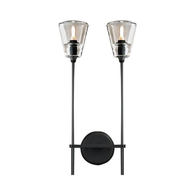 Skørter | Black/Brass-Finish Pencil Arm Wall Lamp Vintage Metallic 1/2 Bulb Wall Light with Clear Conical Glass Shade