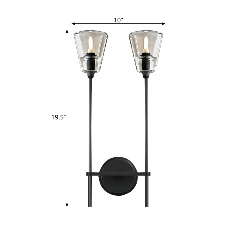 Skørter | Black/Brass-Finish Pencil Arm Wall Lamp Vintage Metallic 1/2 Bulb Wall Light with Clear Conical Glass Shade