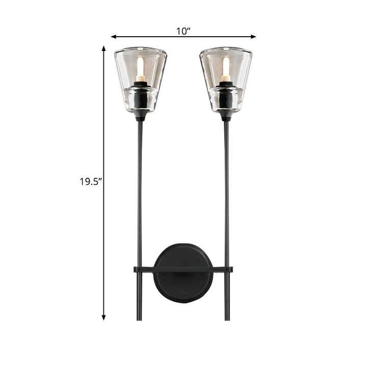 Skørter | Black/Brass-Finish Pencil Arm Wall Lamp Vintage Metallic 1/2 Bulb Wall Light with Clear Conical Glass Shade
