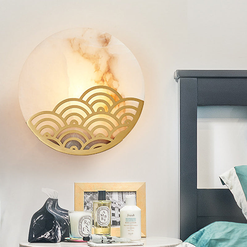 Skørter | Round Bedroom Wall Lamp Colonialism Marble Single Light Gold Wall Lighting Wall Sconce, 8"/10" Wide