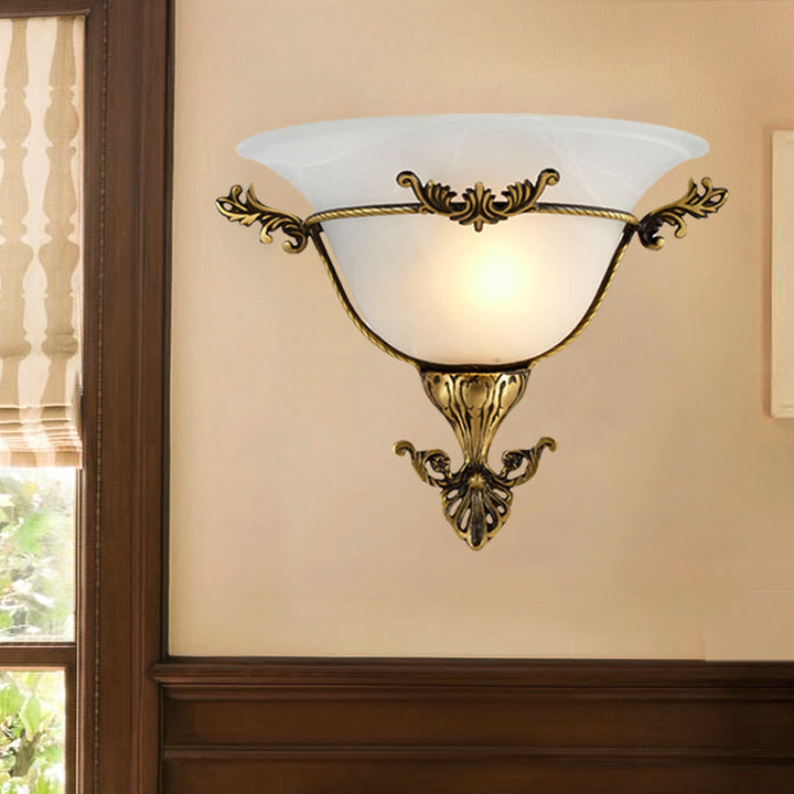 Skørter | Single Bulb Flush Mount Traditional Curved Milk Glass Wall Light in Brass for the Living Room