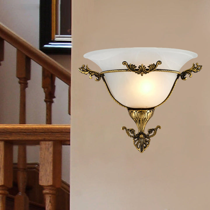 Skørter | Single Bulb Flush Mount Traditional Curved Milk Glass Wall Light in Brass for the Living Room