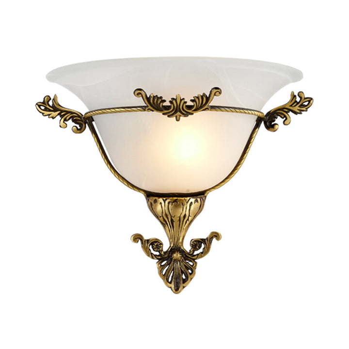 Skørter | Single Bulb Flush Mount Traditional Curved Milk Glass Wall Light in Brass for the Living Room