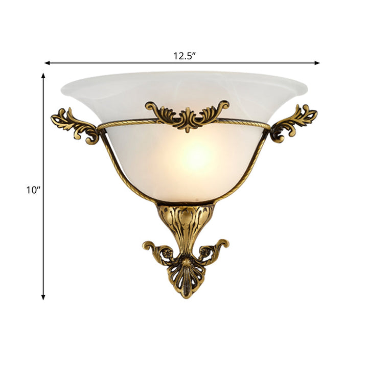 Skørter | Single Bulb Flush Mount Traditional Curved Milk Glass Wall Light in Brass for the Living Room