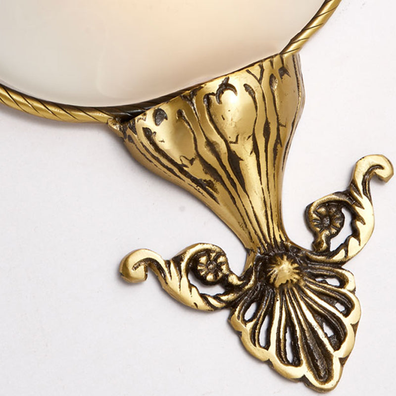 Skørter | Single Bulb Flush Mount Traditional Curved Milk Glass Wall Light in Brass for the Living Room