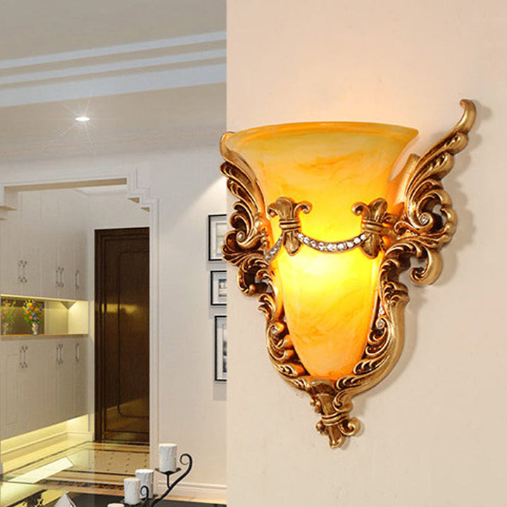 Skørter | Bell Frosted Glass Wall Lamp Colonial 1 Lamp Living Room Ceiling Light in White/Gold/White and Gold