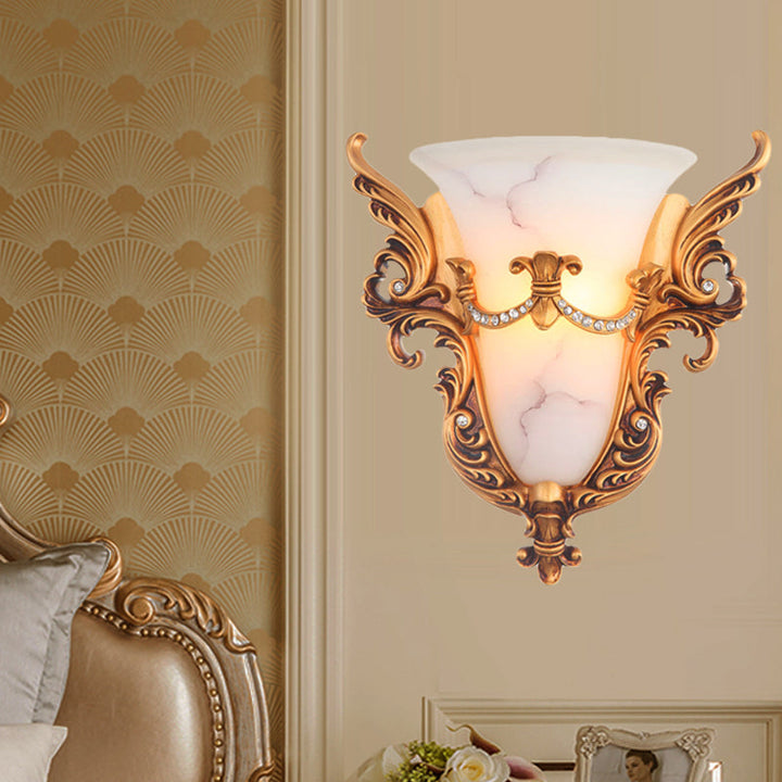 Skørter | Bell Frosted Glass Wall Lamp Colonial 1 Lamp Living Room Ceiling Light in White/Gold/White and Gold