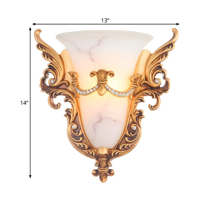 Skørter | Bell Frosted Glass Wall Lamp Colonial 1 Lamp Living Room Ceiling Light in White/Gold/White and Gold