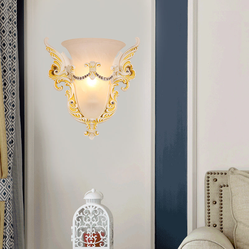 Skørter | Bell Frosted Glass Wall Lamp Colonial 1 Lamp Living Room Ceiling Light in White/Gold/White and Gold