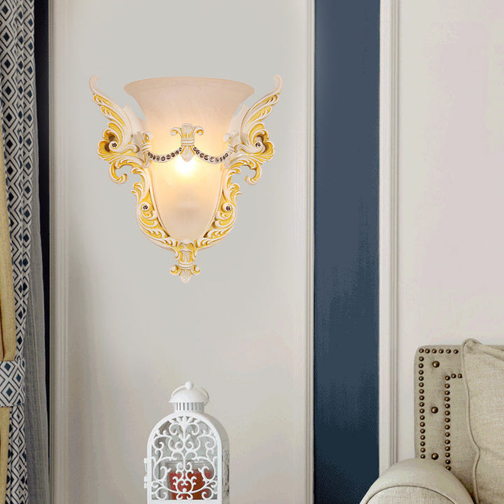 Skørter | Bell Frosted Glass Wall Lamp Colonial 1 Lamp Living Room Ceiling Light in White/Gold/White and Gold