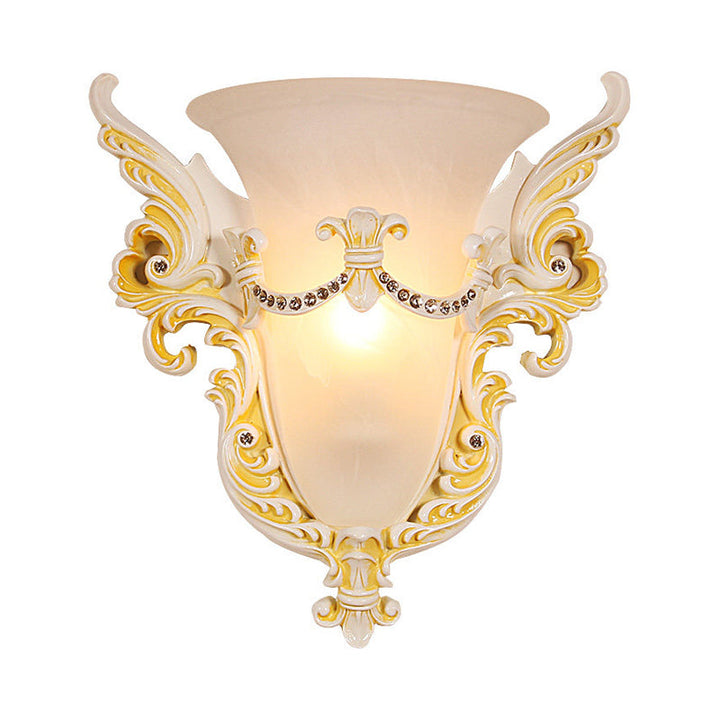 Skørter | Bell Frosted Glass Wall Lamp Colonial 1 Lamp Living Room Ceiling Light in White/Gold/White and Gold