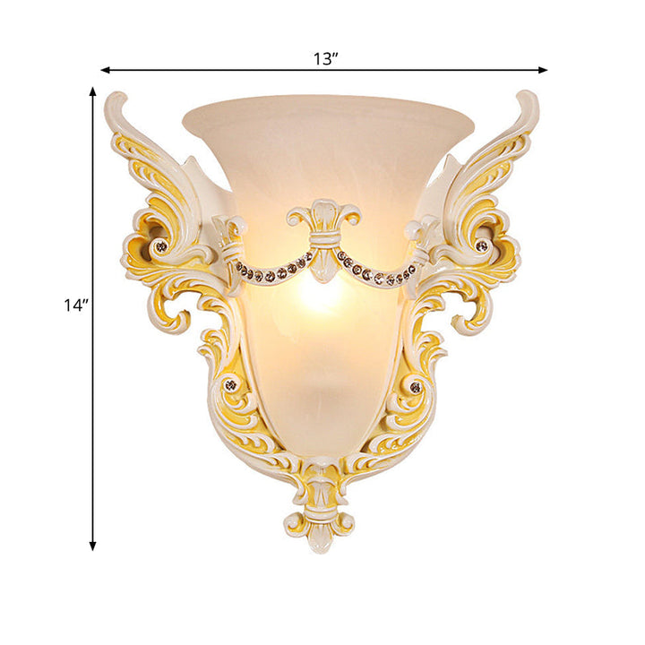Skørter | Bell Frosted Glass Wall Lamp Colonial 1 Lamp Living Room Ceiling Light in White/Gold/White and Gold