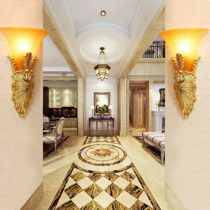 Skørter | Amber Glass Gold Wall Lighting Flared Single Bulb Colonialism Sconce Light Fixture for Hallway