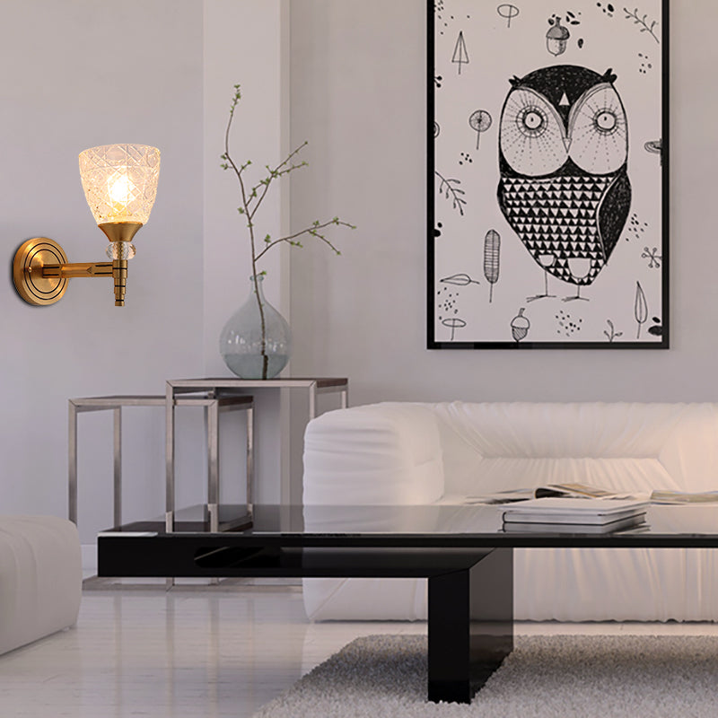 Skørter | 1/2-Pear Grid Glass Wall Lamp with Bowl Shade Loft Bedroom Wall Mount Light in Brass Finish