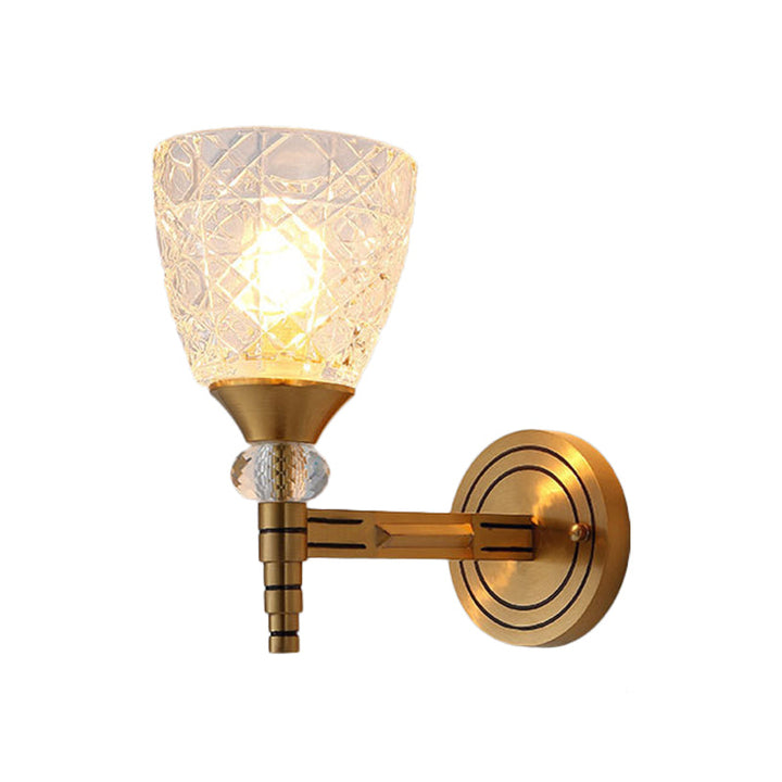 Skørter | 1/2-Pear Grid Glass Wall Lamp with Bowl Shade Loft Bedroom Wall Mount Light in Brass Finish