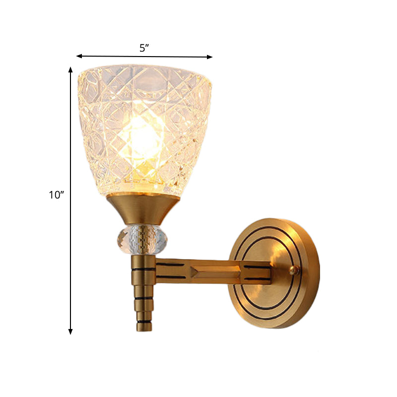 Skørter | 1/2-Pear Grid Glass Wall Lamp with Bowl Shade Loft Bedroom Wall Mount Light in Brass Finish