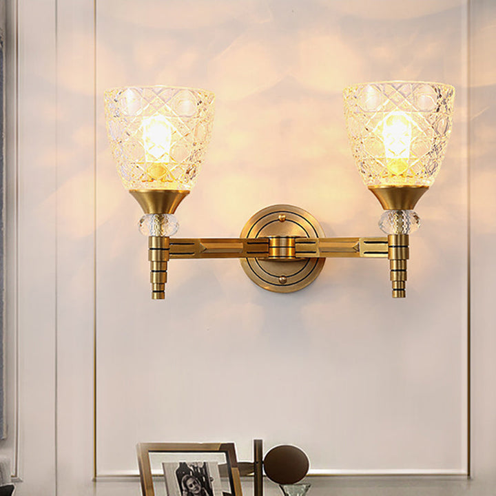 Skørter | 1/2-Pear Grid Glass Wall Lamp with Bowl Shade Loft Bedroom Wall Mount Light in Brass Finish
