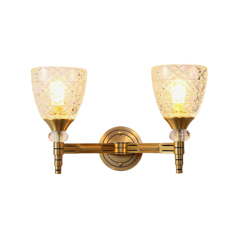 Skørter | 1/2-Pear Grid Glass Wall Lamp with Bowl Shade Loft Bedroom Wall Mount Light in Brass Finish