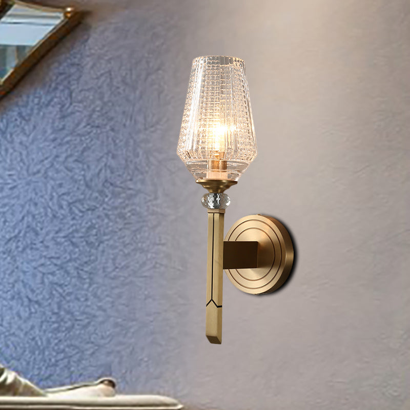 Skørter | Loft Style Cup Wall Lamp with Clear Grid Glass Shade 1 Head Balcony Wall Light in Brass