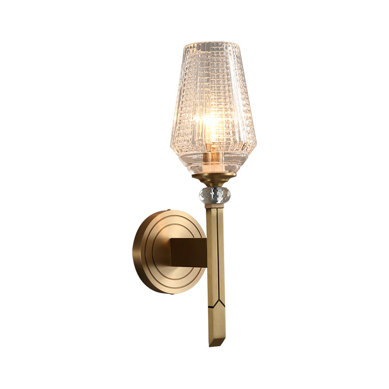 Skørter | Loft Style Cup Wall Lamp with Clear Grid Glass Shade 1 Head Balcony Wall Light in Brass