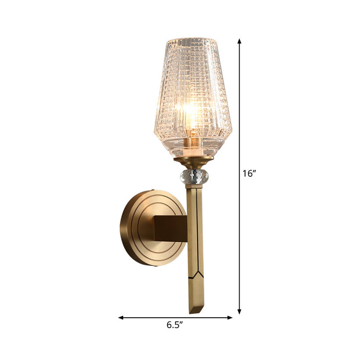Skørter | Loft Style Cup Wall Lamp with Clear Grid Glass Shade 1 Head Balcony Wall Light in Brass