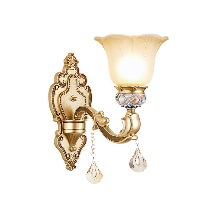 Skørter | 1 Light Petal Wall Mount Light with Engraved Arm Vintage White Glass Wall Lamp in Gold Finish