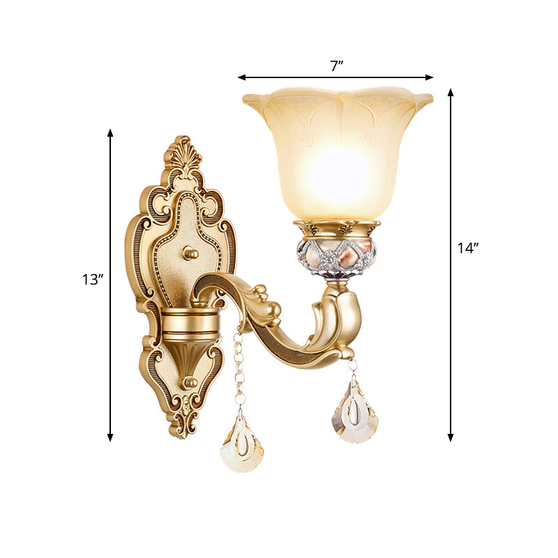 Skørter | 1 Light Petal Wall Mount Light with Engraved Arm Vintage White Glass Wall Lamp in Gold Finish