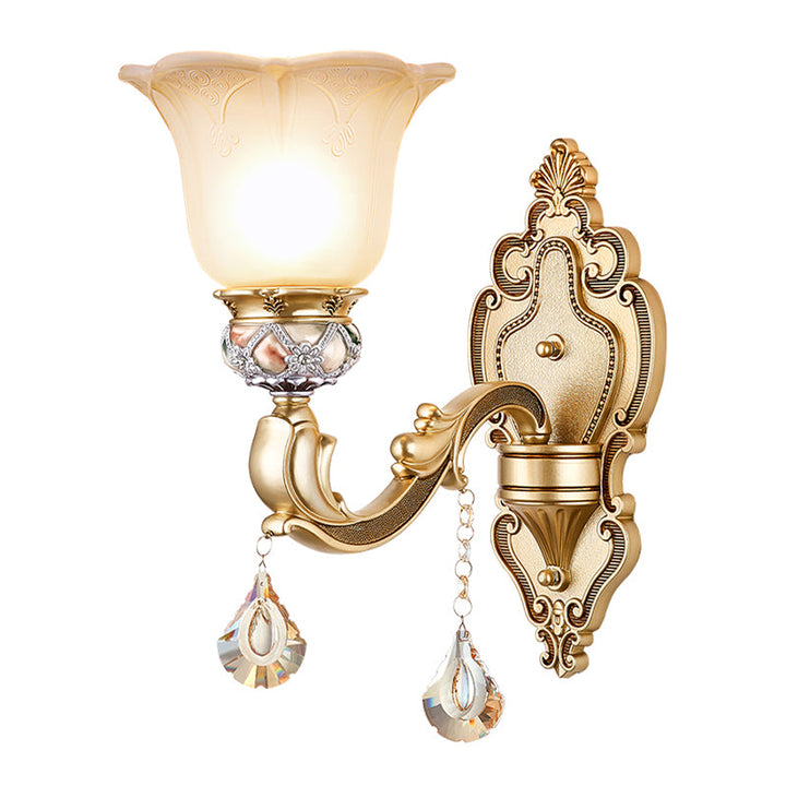 Skørter | 1 Bulb Floral Wall Lamp Vintage White Etched Glass Wall Lamp with Crystal Accent and Gold Curly Resin Arm