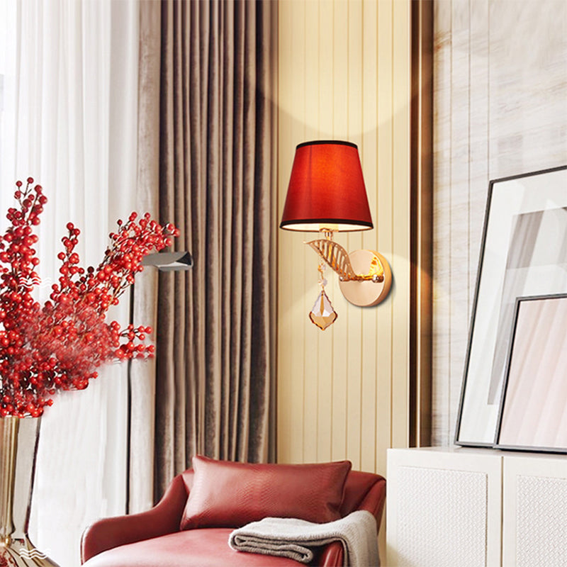 Skørter | Fabric White/Red/Blue Wall Lamp Tapered Bell 1-Light Traditional Wall Lamp for Bedroom with Crystal Drop