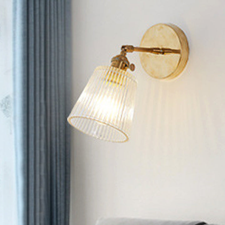 Lisslune | 1 Light Clear Ribbed Glass Wall Lamp Light Industrial Brass Cone Living Room Lighting Fixture
