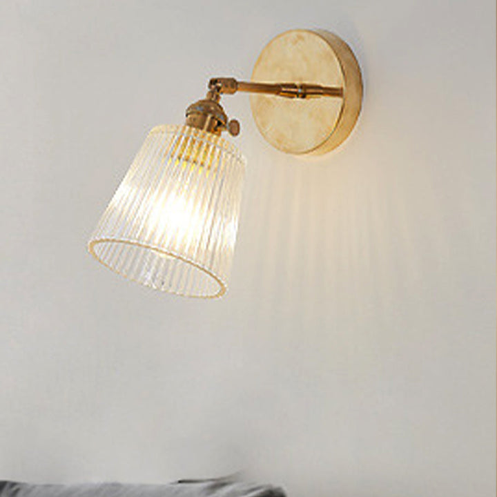 Lisslune | 1 Light Clear Ribbed Glass Wall Lamp Light Industrial Brass Cone Living Room Lighting Fixture