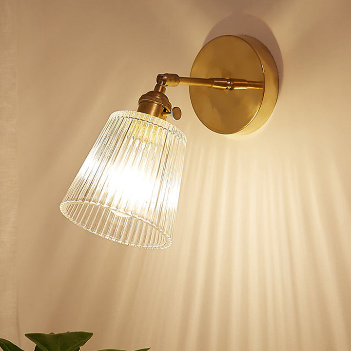 Lisslune | 1 Light Clear Ribbed Glass Wall Lamp Light Industrial Brass Cone Living Room Lighting Fixture