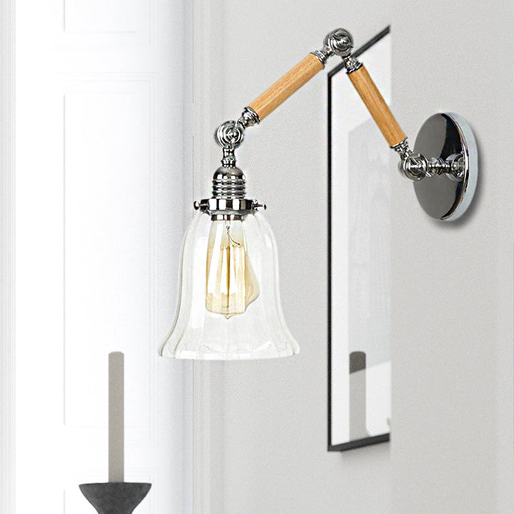 Lisslune | Flared Living Room Wall Light Vintage Clear Glass Prism Glass 1 Light Chrome Wall Lamp with 8"+8"/6"+6"/8"+4" Wooden Arm