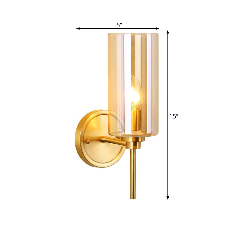 Skørter | Colonial Cylinder Wall Mounted Light Single Bulb Clear Glass Wall Lighting Fixture in Brass