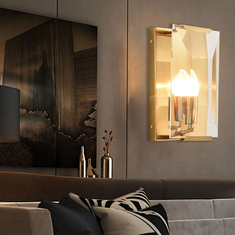 Skørter | Metal Rectangle Wall Lamp Light Minimalist 1 Head Black/Brass Finish Wall Lighting with Clear/Frosted Crystal Panel Shade