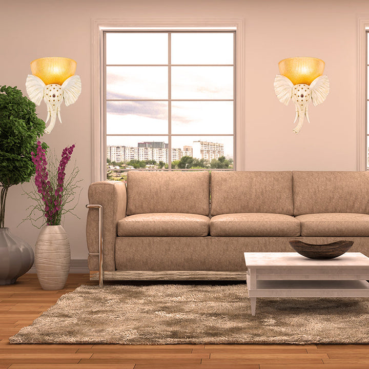 Skørter | Colonial Bowl Wall Mount Lighting Amber Glass 1 Cup Wall Lamp with White/Gold Elephant Nose to Left/Right