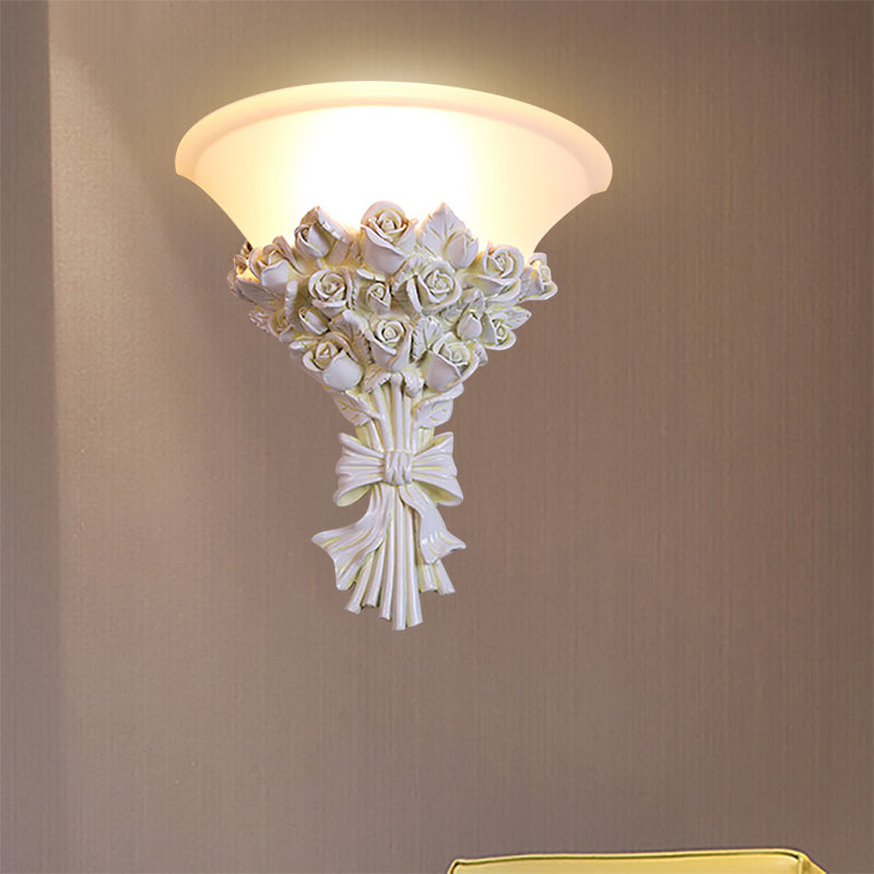 Skørter | Cone Wall Lighting Colonialist White Glass 1 Main Wall Lamp with Flower Resin Decoration for Living Room