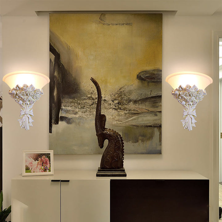 Skørter | Cone Wall Lighting Colonialist White Glass 1 Main Wall Lamp with Flower Resin Decoration for Living Room