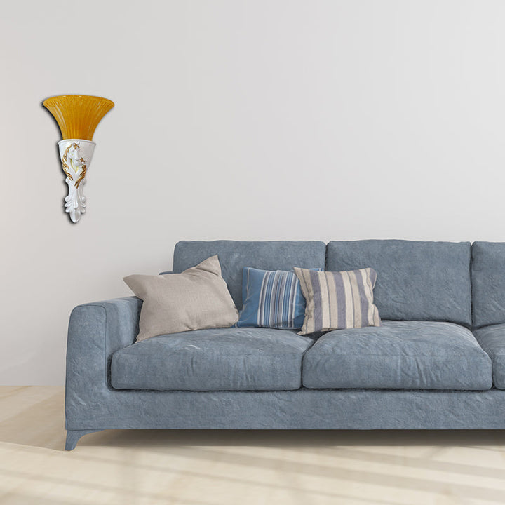 Skørter | White/Gold Engraved Wall Lamp Colonization Metal 1 Lamp Wall Lighting Fixture with Tapered Amber Glass Shade