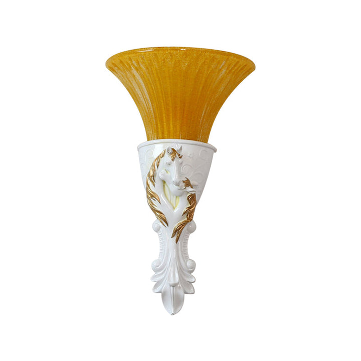Skørter | White/Gold Engraved Wall Lamp Colonization Metal 1 Lamp Wall Lighting Fixture with Tapered Amber Glass Shade