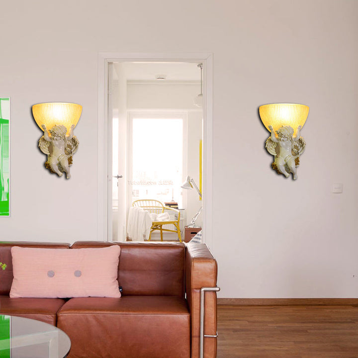 Skørter | Angel Wall Lamp Colony Metal 1 Head White/Gold Wall Lamp Fixture with Dome Amber Glass Shade, Left/Right