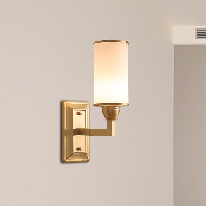 Skørter | Armed Wall Lamp Traditional Metal 1 Bulb Brass Sconce with Cylinder White Glass Shade