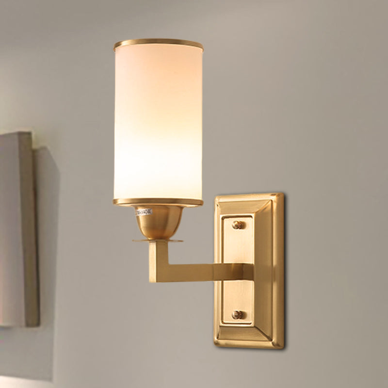 Skørter | Armed Wall Lamp Traditional Metal 1 Bulb Brass Sconce with Cylinder White Glass Shade