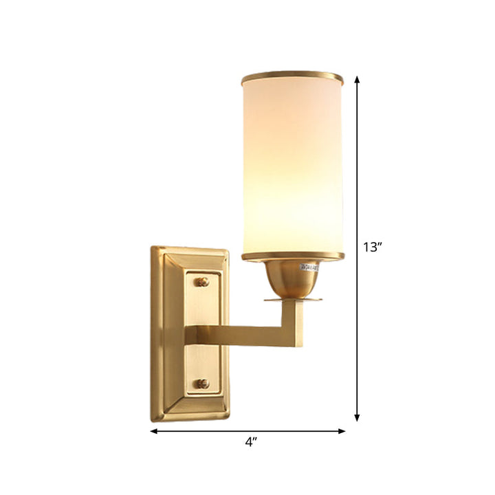 Skørter | Armed Wall Lamp Traditional Metal 1 Bulb Brass Sconce with Cylinder White Glass Shade