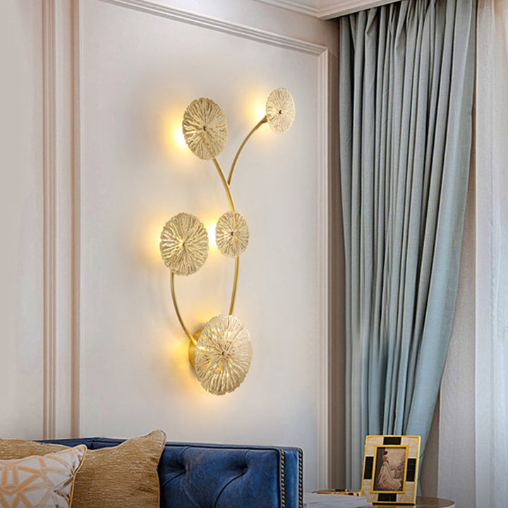 Skørter | 3/6/7 Heads Brass Wall Mount Light Asian Style Gold Finish Etched Lotus Leaf Wall Light Wall Lamp