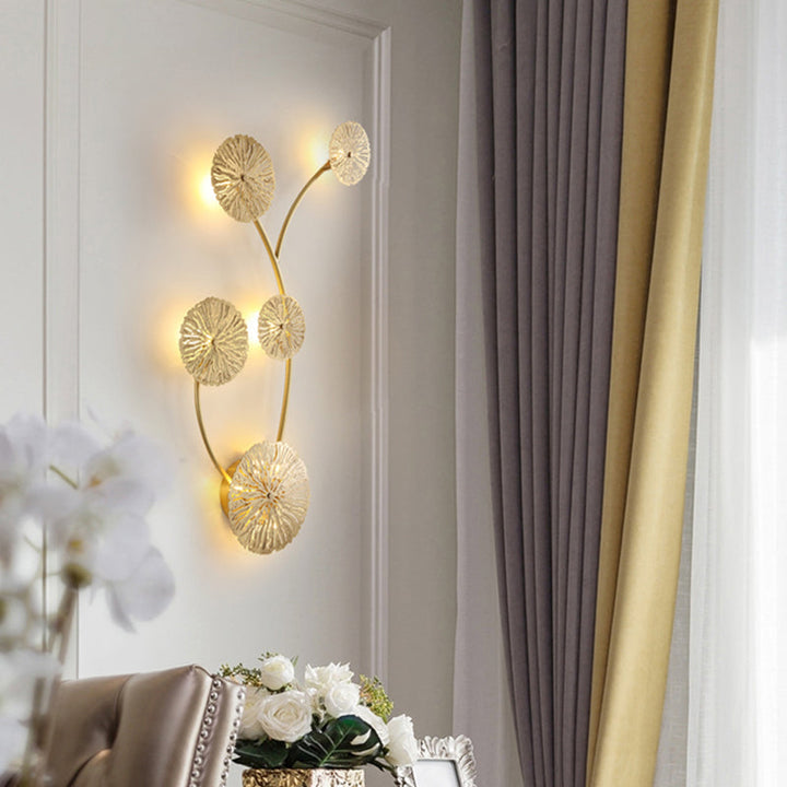 Skørter | 3/6/7 Heads Brass Wall Mount Light Asian Style Gold Finish Etched Lotus Leaf Wall Light Wall Lamp