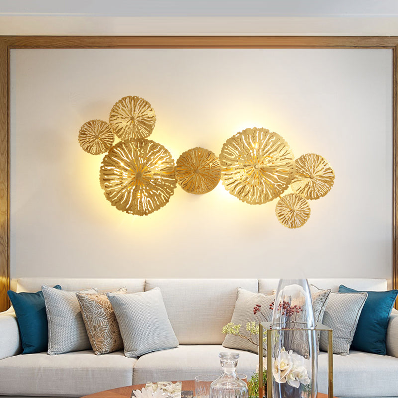 Skørter | 3/6/7 Heads Brass Wall Mount Light Asian Style Gold Finish Etched Lotus Leaf Wall Light Wall Lamp