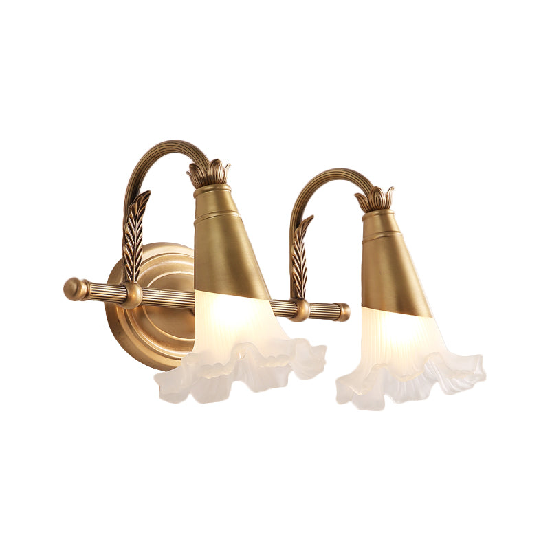 Skørter | Traditional Style Flower Wall Light 1/2-Light Frosted Glass Candle Holder in Gold for Bathroom