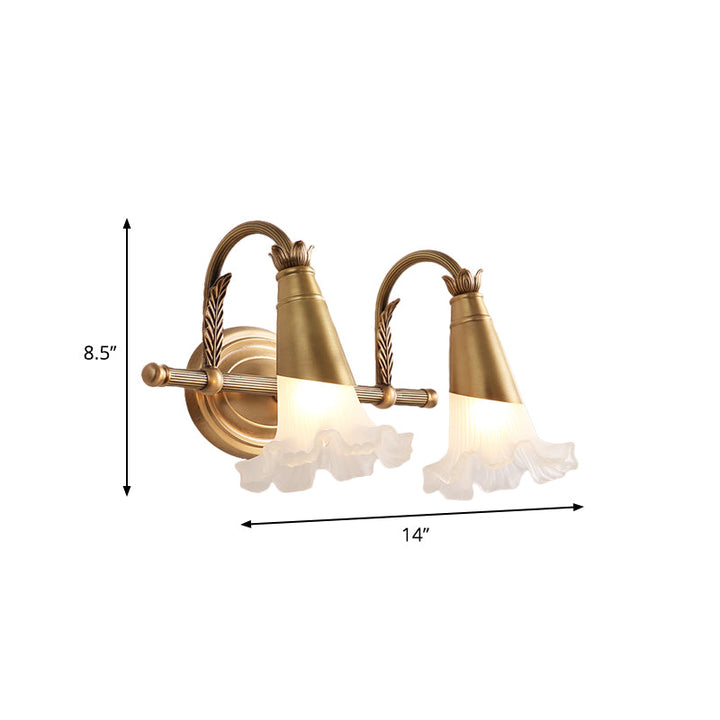 Skørter | Traditional Style Flower Wall Light 1/2-Light Frosted Glass Candle Holder in Gold for Bathroom