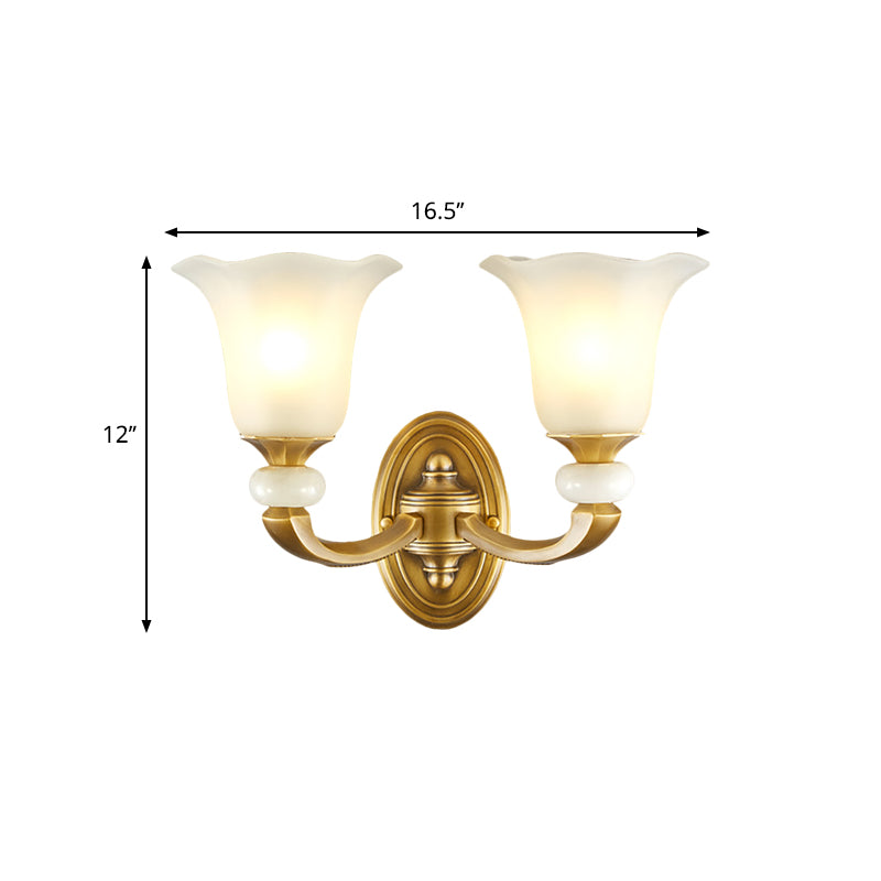 Skørter | Gold Finish 1/2-Bulb Wall Lamp Classic Style Milk White Glass Flower Wall Fixture for Hallway